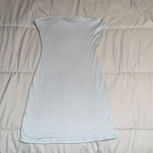 Light blue fitted dress.